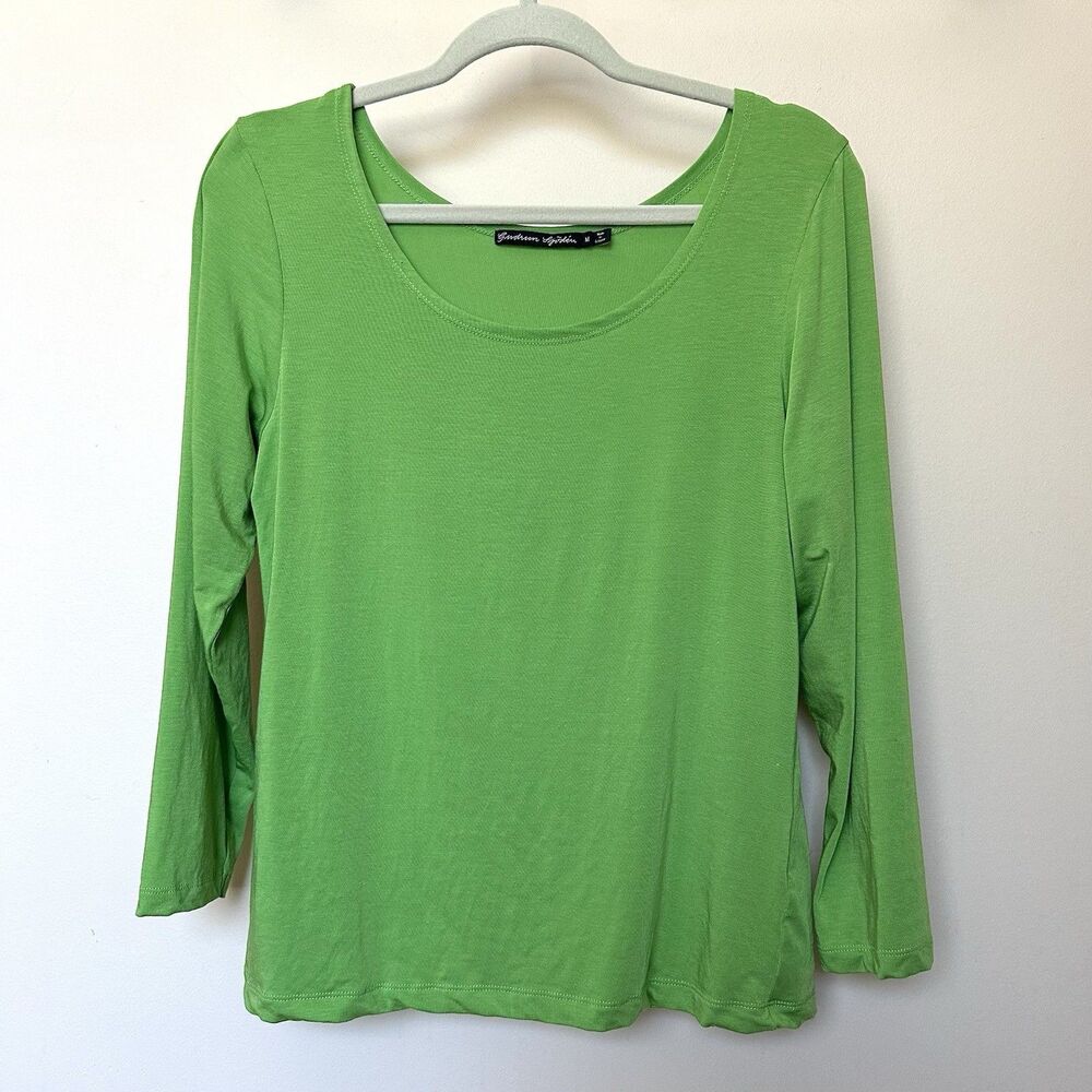 GUDRUN SJODEN Top Med Green Striped Lagenlook Long Sleeve Pullover Preppy